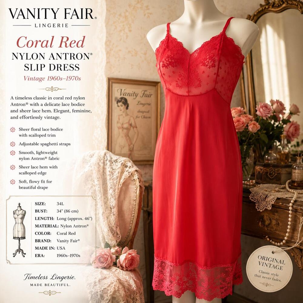 Rare Vanity Fair Red Nylon Antron Slip Dress Sz 34L Vintage Lingerie Lace Bodice - Picture 1 of 10